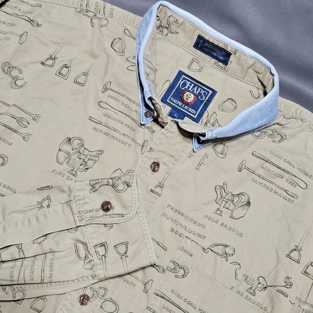 Chaps x Ralph Lauren Equestrian Horse Print Button Down Collared Brown Shirt XL