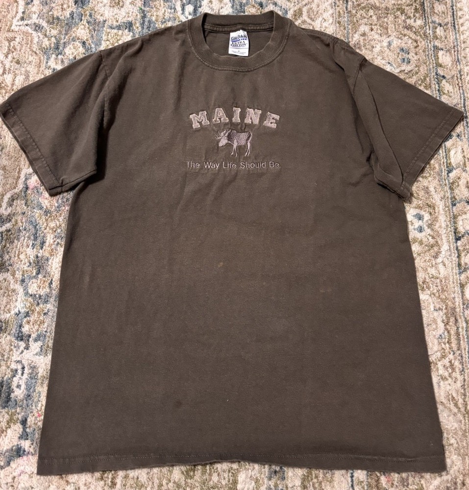 Gildan Ultra Cotton Heavyweight Men's M Brown Crew Neck Moose Maine Graphic Tee