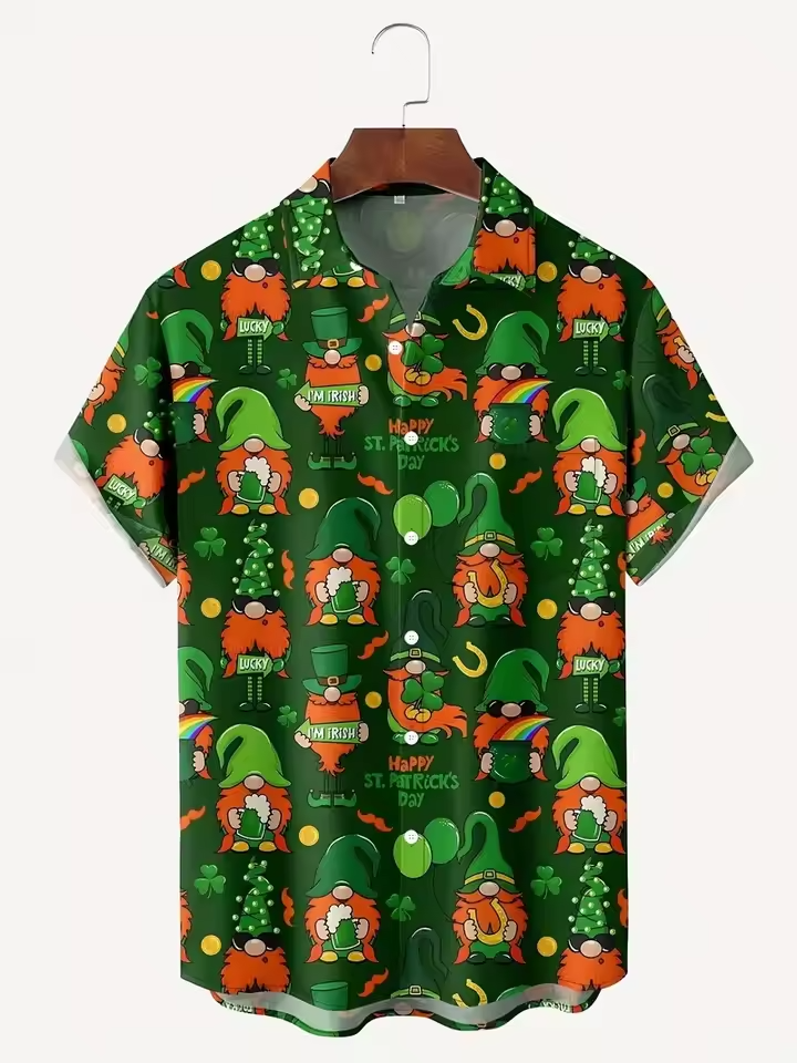 St Patricks Day Hawaiian Shirt Golden Shamrock Lucky Green Festival Button Up