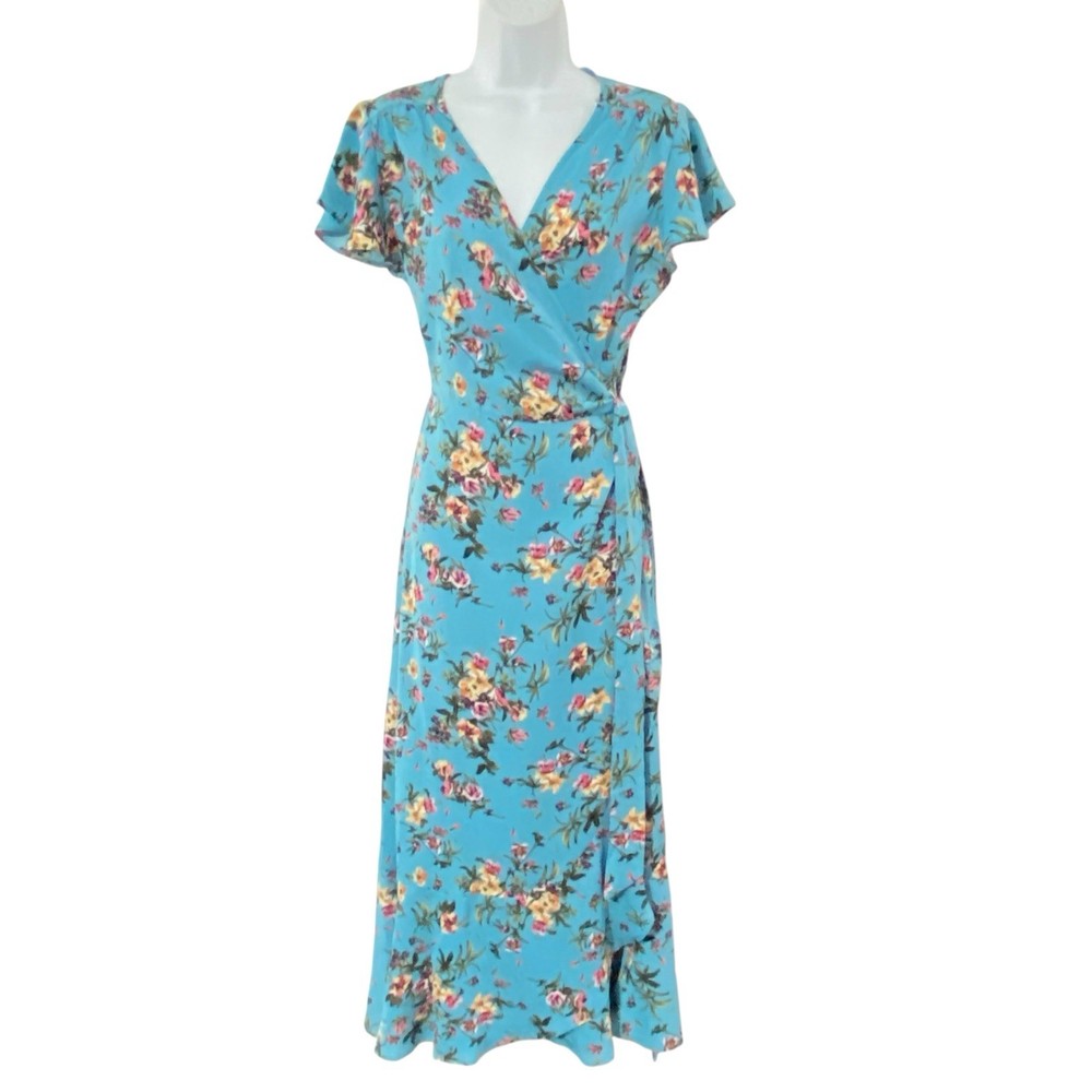 UMGEE Blue FLORAL Poly WRAP Ruffle M Dress SUMMER Maxi Unlined