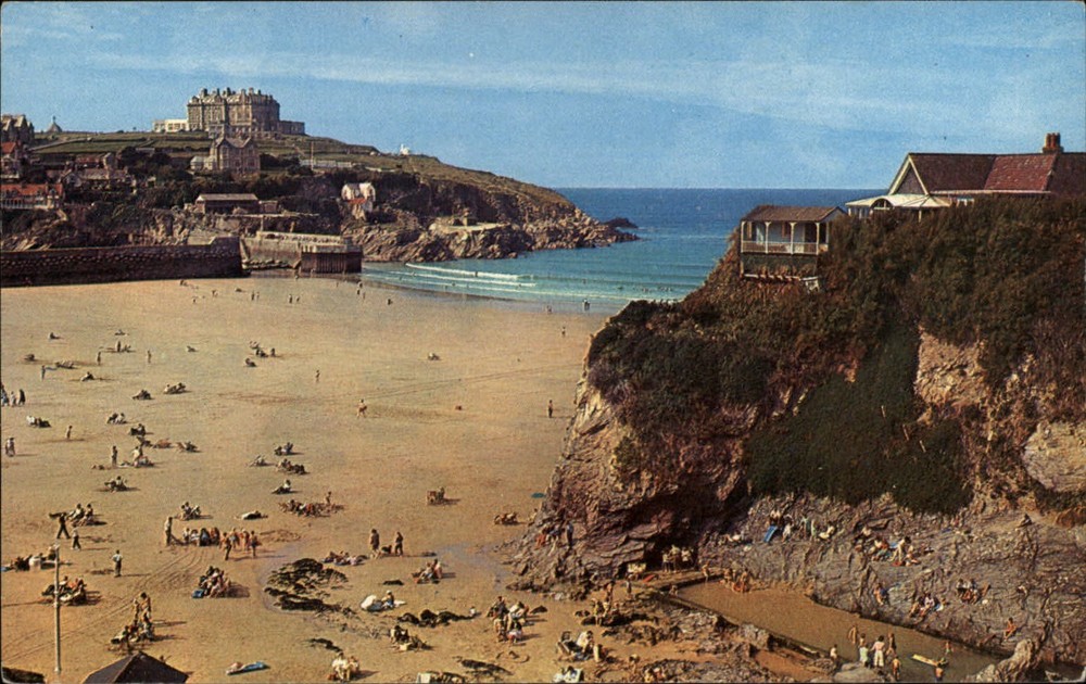 Newquay Cornwall Co England Island harbor castle unused scenic vintage postcard