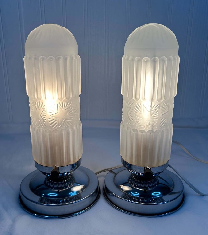 PAIR Antique Art Deco Era Bullet Skyscraper Metal n Glass Boudoir Table Lamp 10