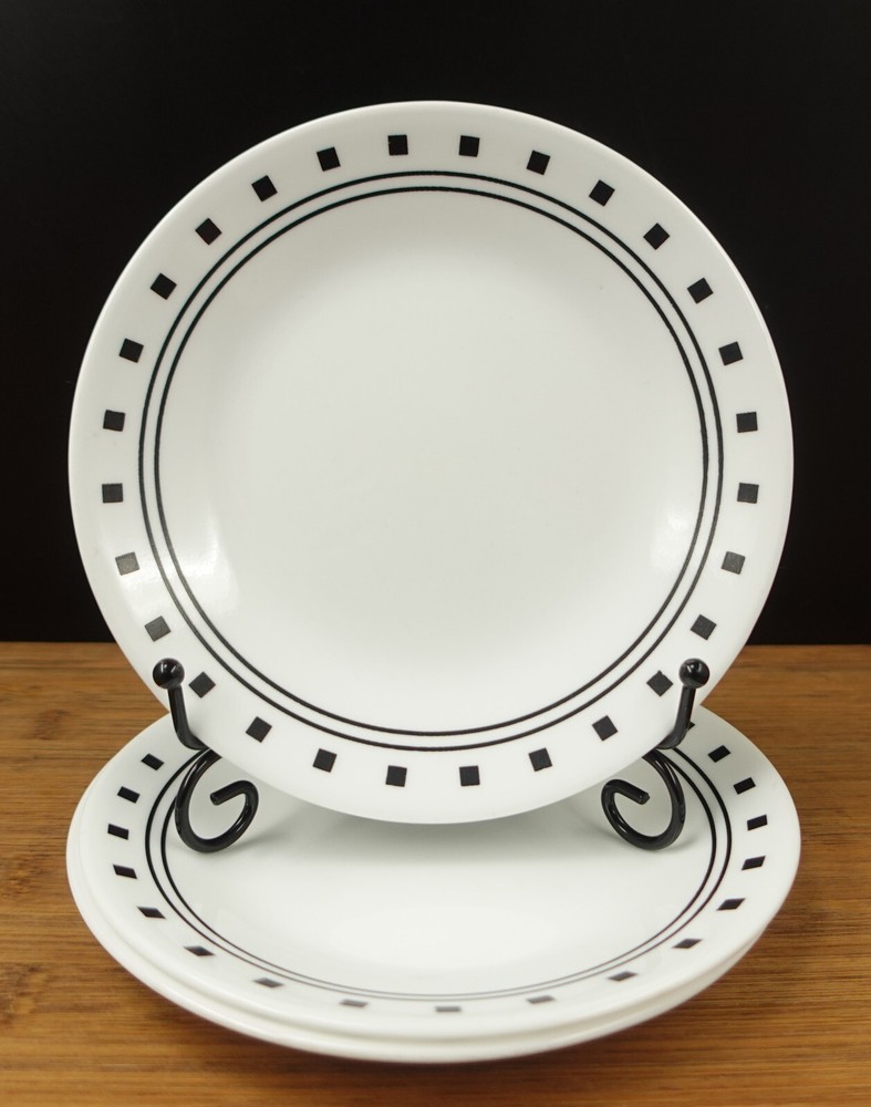 Corelle City Blocks Black White Geometric 6.75 Inch Bread Dessert Plates Set of 3