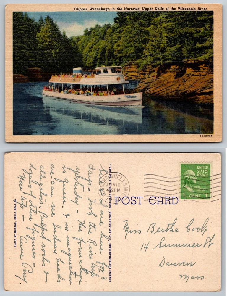 Clipper Winnebago Boat The Narrows Upper Dells Wisconsin River Postcard 1943