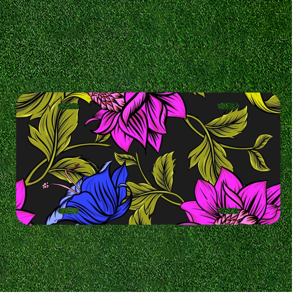 Custom Personalized Auto Tag With Amazing Purple And Blue Flower Design Art