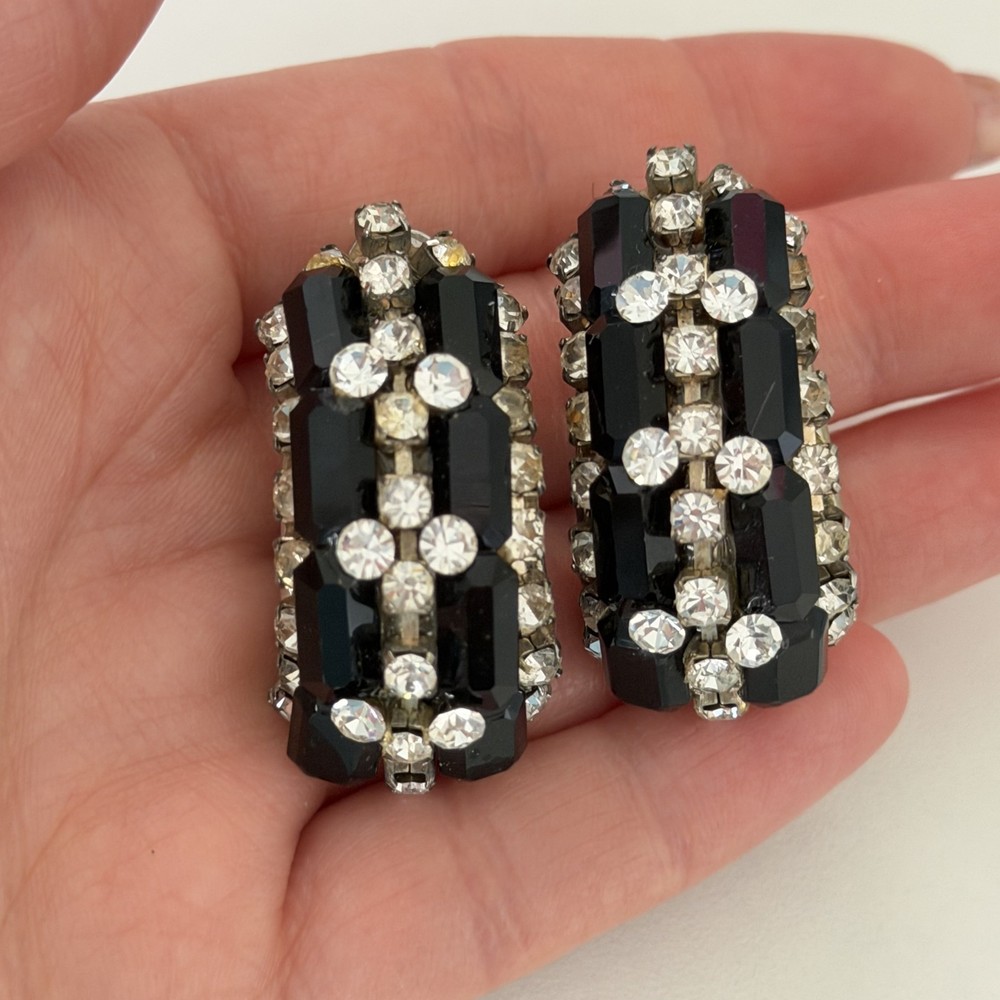 Vintage Black & Clear Rhinestone Silver Tone Statement Clip On Earrings