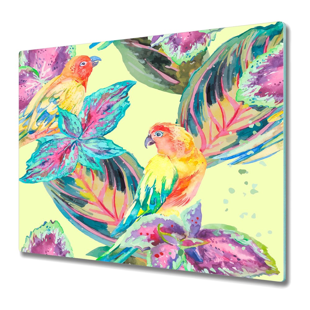 Glass Induction Cover Watercolour parrots exotic Colourful purple & yellow art