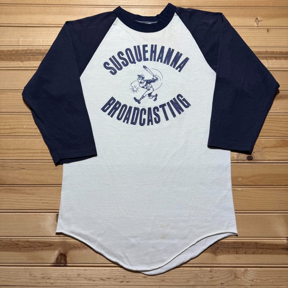 Vintage 80s Susquehanna Broadcasting #9 Baseball Raglan Jersey Shirt USA Medium