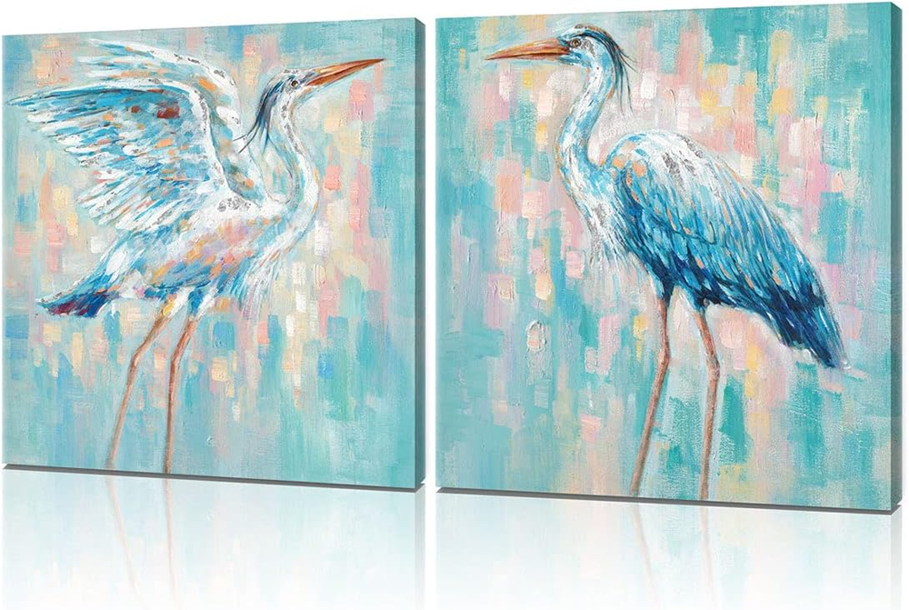 Teal Blue Heron Canvas Wall Art Beach Decor Set of 2 Sea Birds Poster and Print