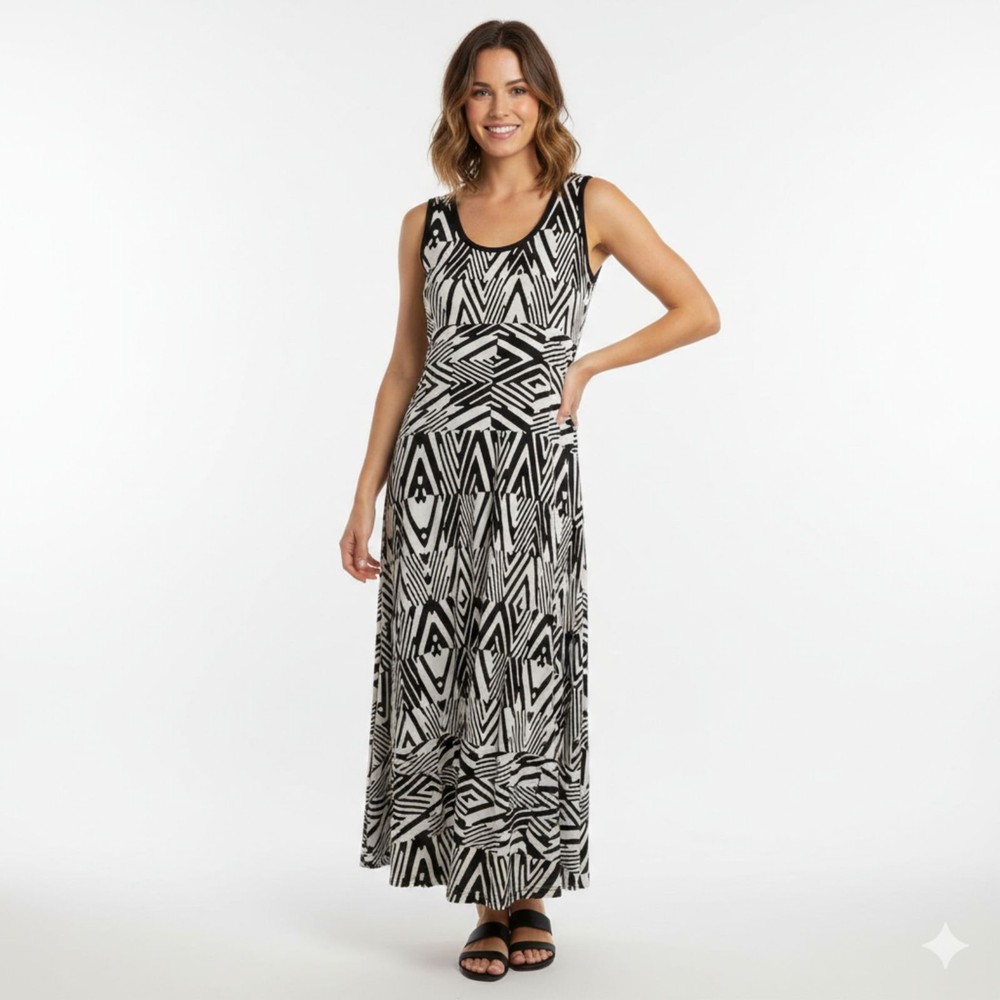 Calvin Klein Women's Maxi Black White Sleeveless Geometric Print Dress Size XL