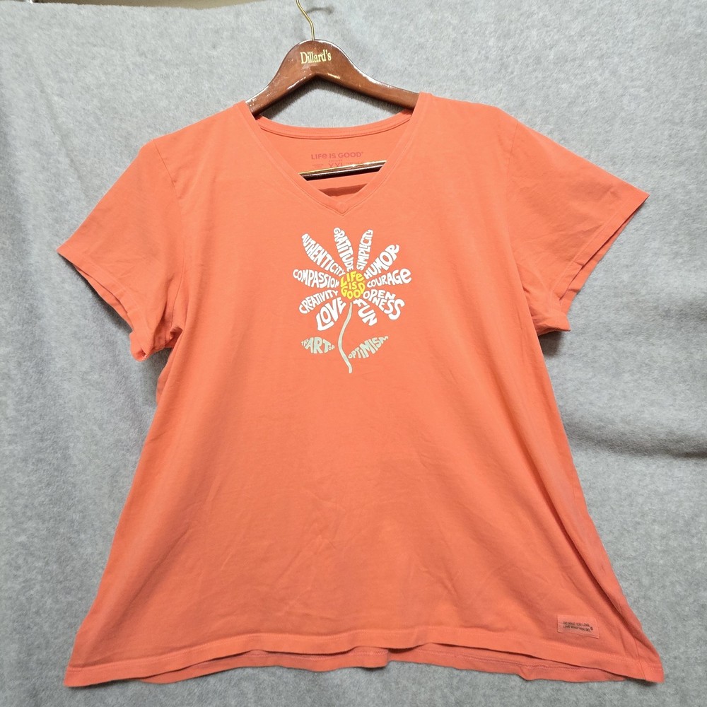 Life Is Good Womens Size XL Daisy T Shirt Salmon Pink V-Neck Optimism