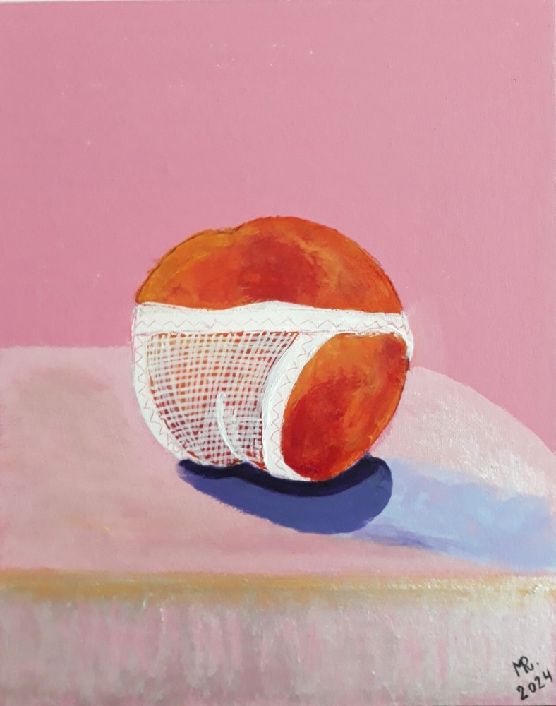 Whimsical peach still life Modern fruit painting pink background playful art