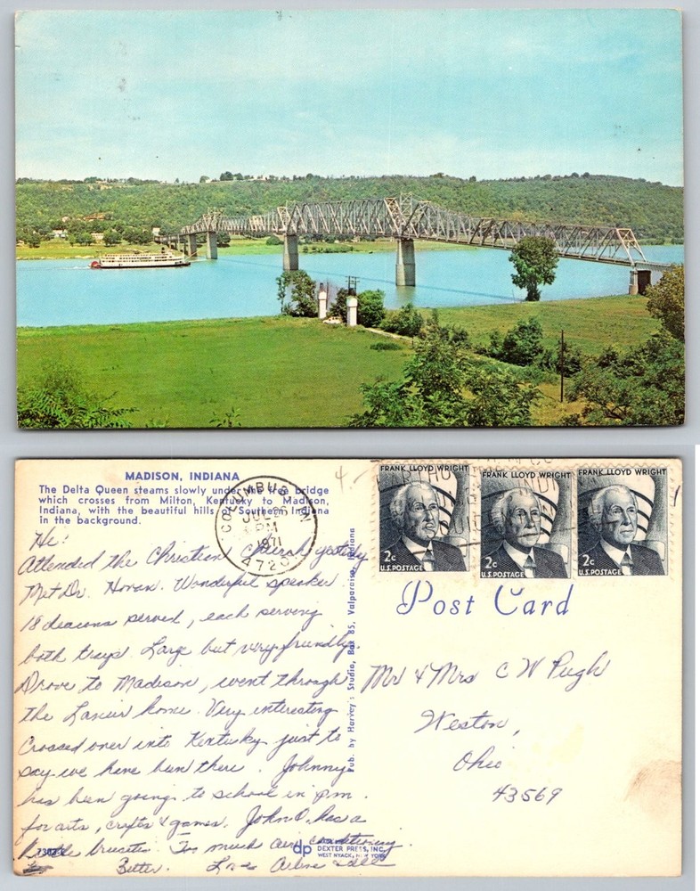 Delta Queen Steamboat Madison Indiana Bridge Ohio River 1971 Postcard Dexter