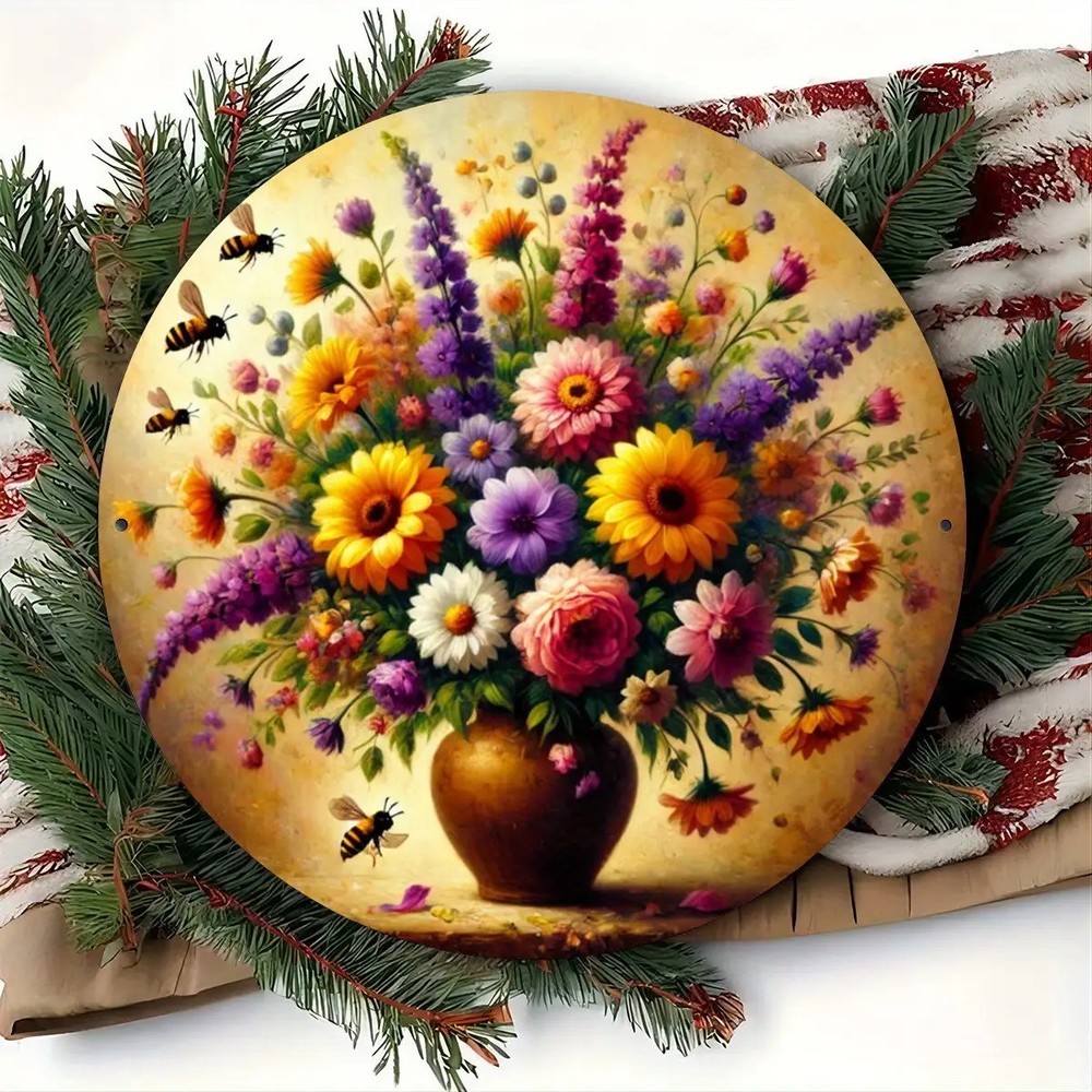 Bee and Floral Plants Painting Aluminum Round Metal Sign