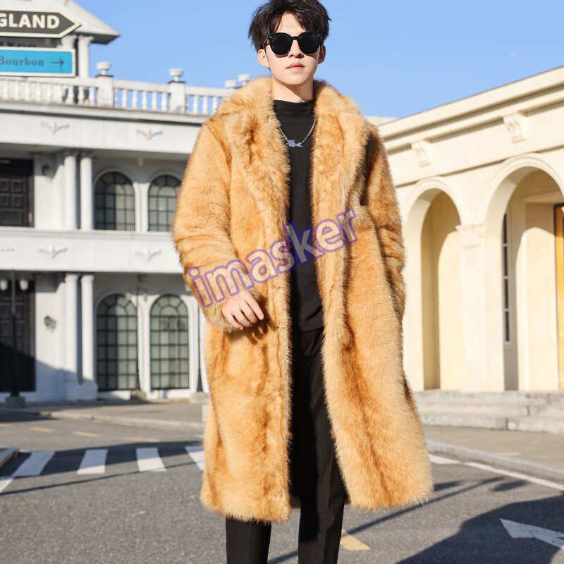 Winter Mink Coat Mens Faux Fox Fur Overcoat Lapel Collar Long Over Knee Outwears
