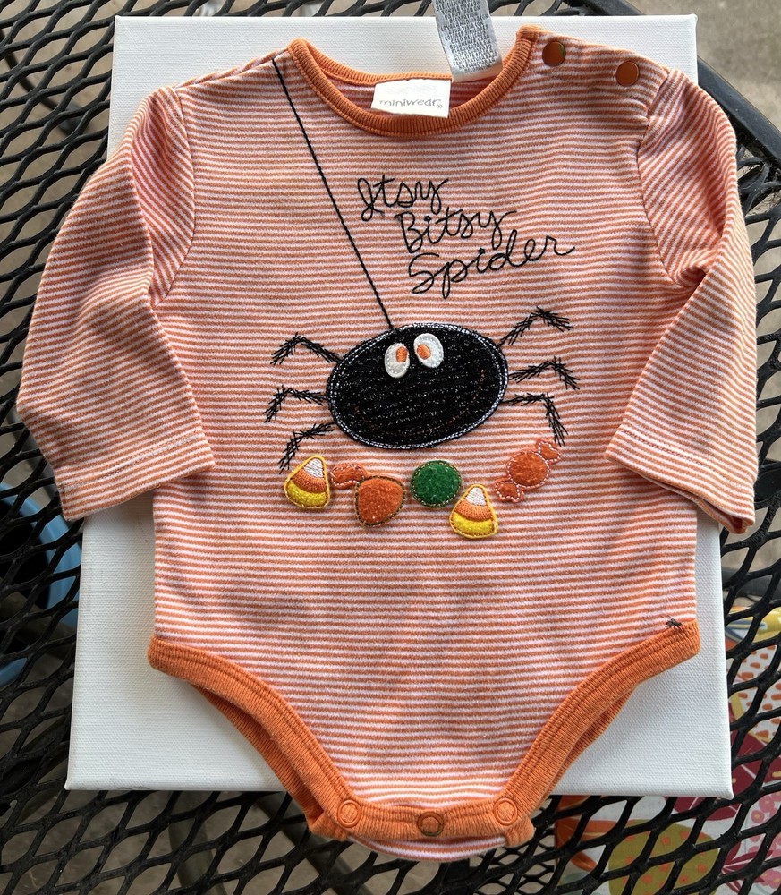 Miniwear Baby 12 Month Itsy Bitsy Spider Halloween Orange Striped Bodysuit
