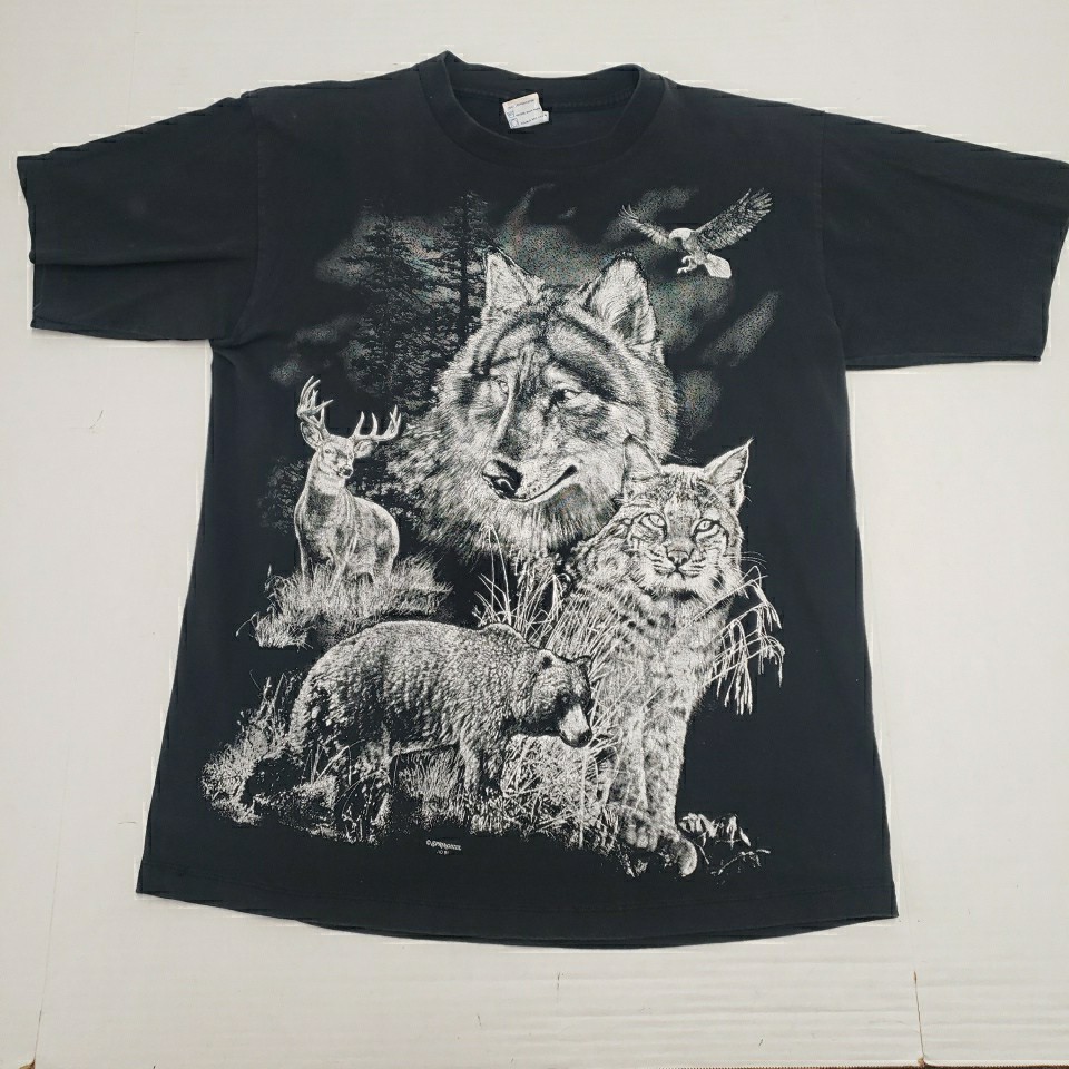 VTG 90s Single Stitch T-shirt Large Nature Wildlife All Over Print Black USA EUC