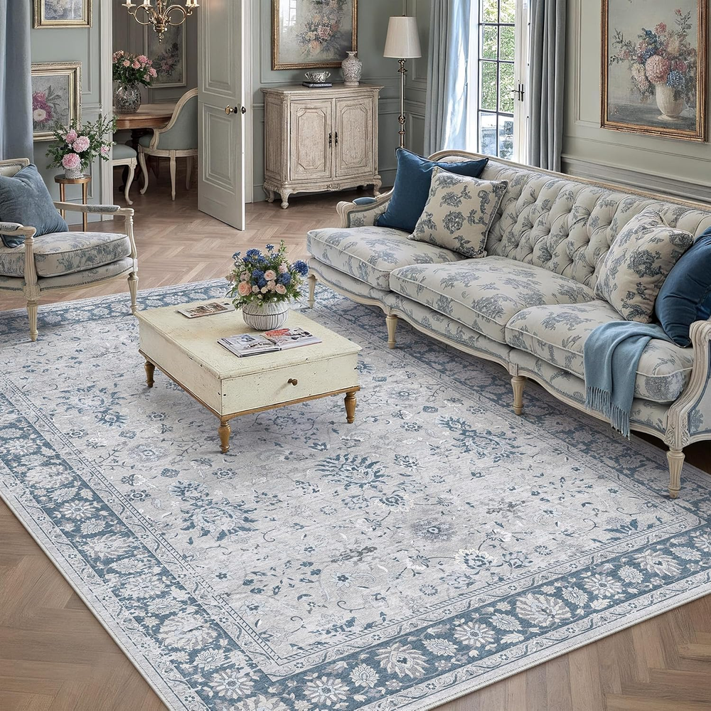 5X7 Area Rug Blue Washable Vintage Carpet Living Room Bedroom Non Slip Stain Sof