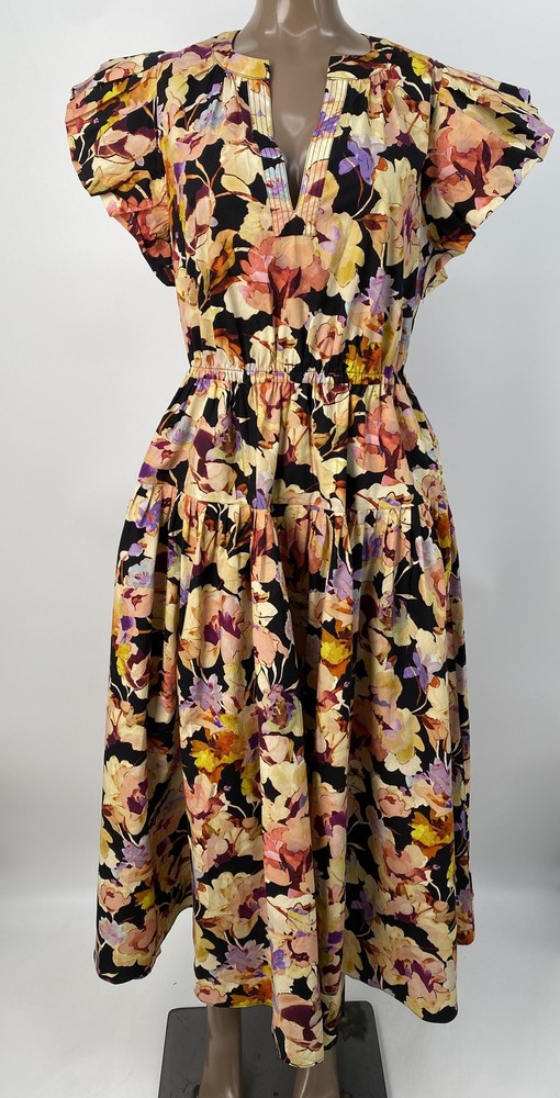 Ulla Johnson Womens Midi Dress Black/Multi Size 4 Marin Cotton Nigh Bloom