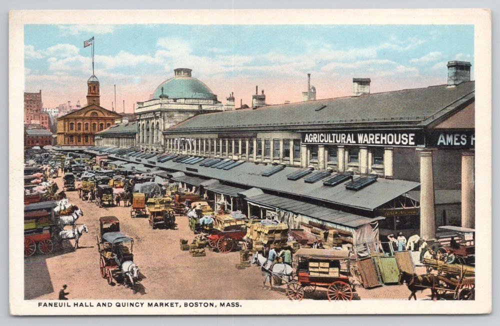 Faneuil Hall Quincy Market Boston MA 1910s Horse Carts Vintage Postcard