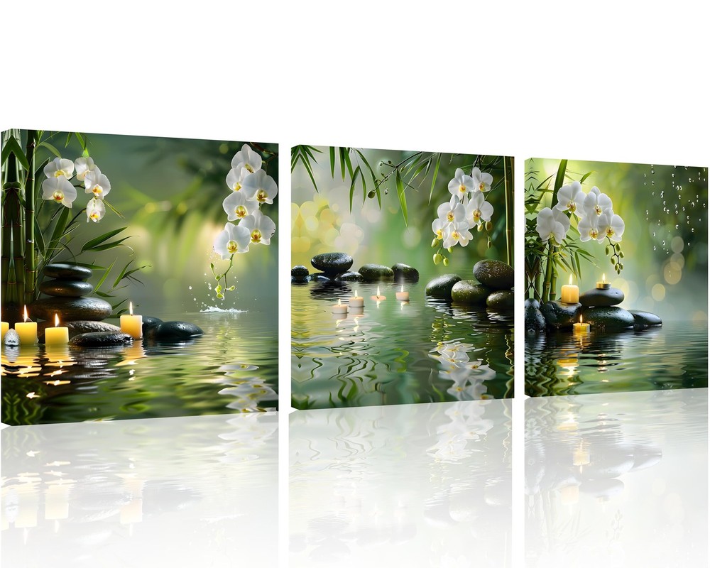 3 Pcs Canvas Zen Wall Art Zen Wall Art for Bathroom Bamboo Spa Stone White Fl...
