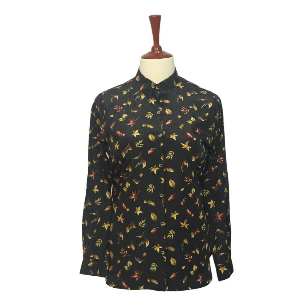 Womens Silky Shirt Button Up Black Floral Autumn Leaves Casual Party Tunic M