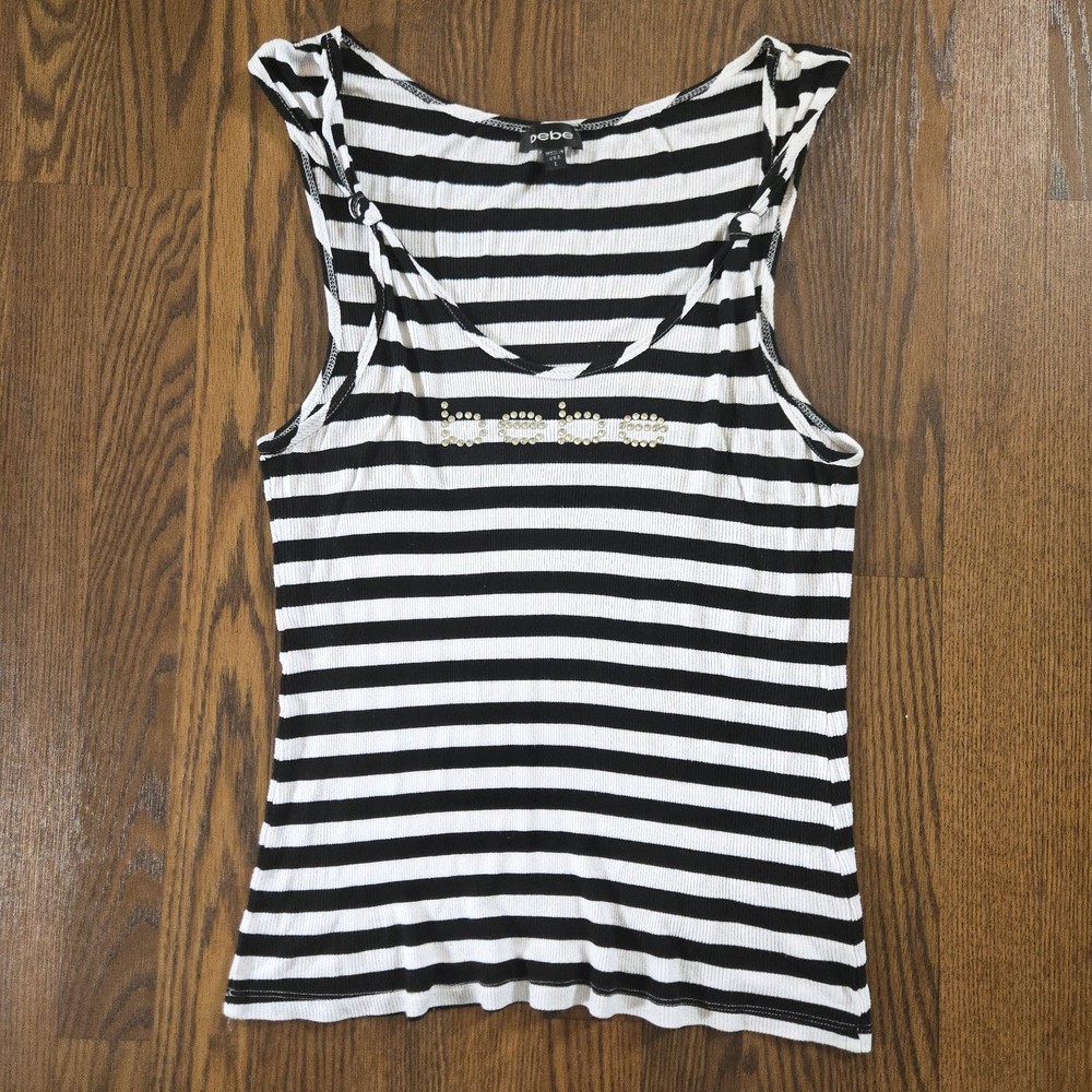 Y2K Bebe Top 2000s rhinestone logo design striped blouse - Women's Large