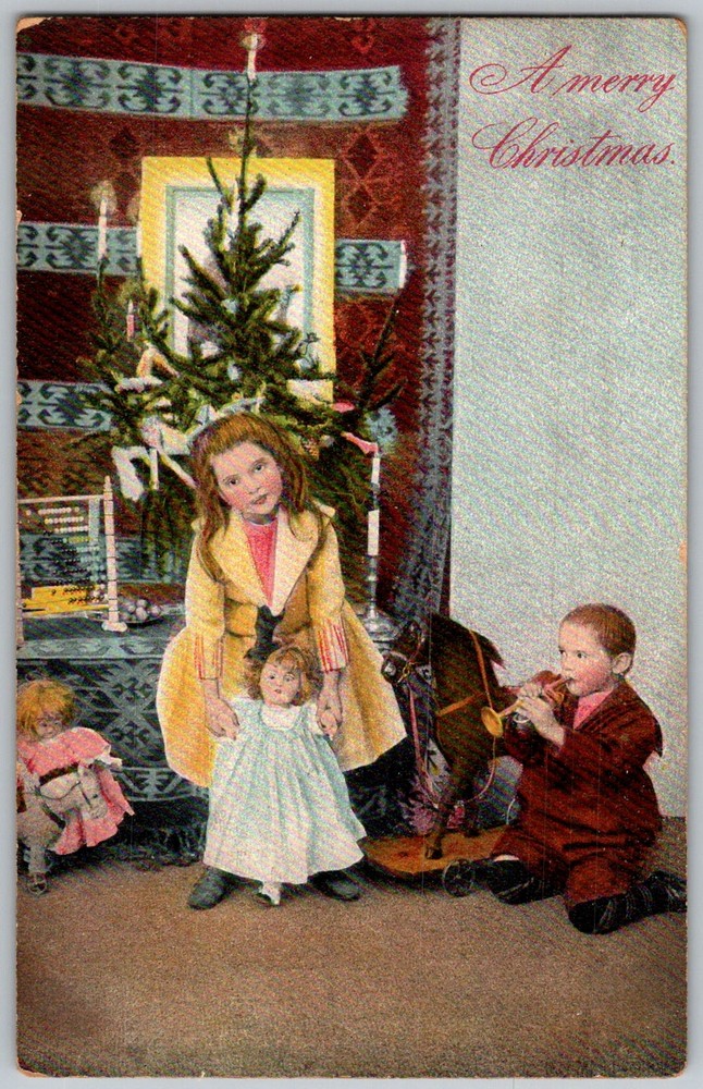 Antique Postcard Children Christmas Tree Doll Gb 1910s