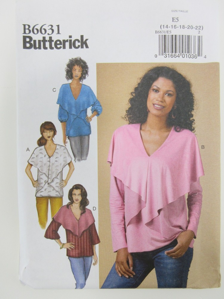 Butterick Pattern B6631 Sz 14-22 V-Neck Tops Flounce Sleeve Variations Uncut NEW