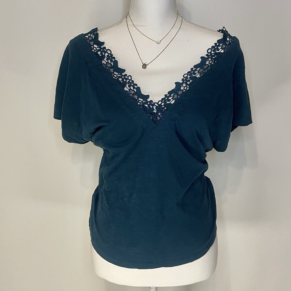 By Anthropologie Teal Blue Lace Trimmed Short Sleeved Blouse Size S