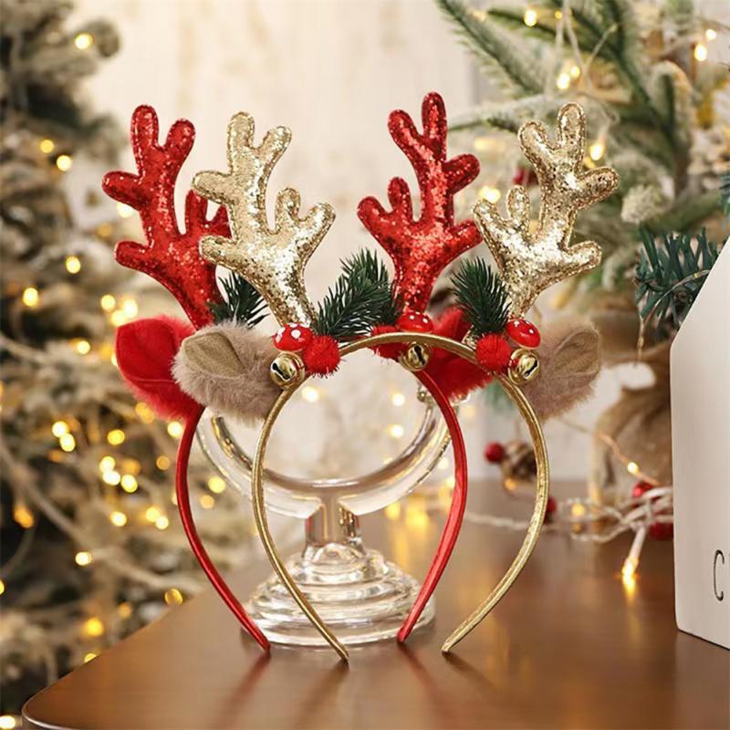 Diadema de campana de alce de Navidad astas de ciervo vestido de pelo agujas de pino de Navidad prendas para la cabeza M
