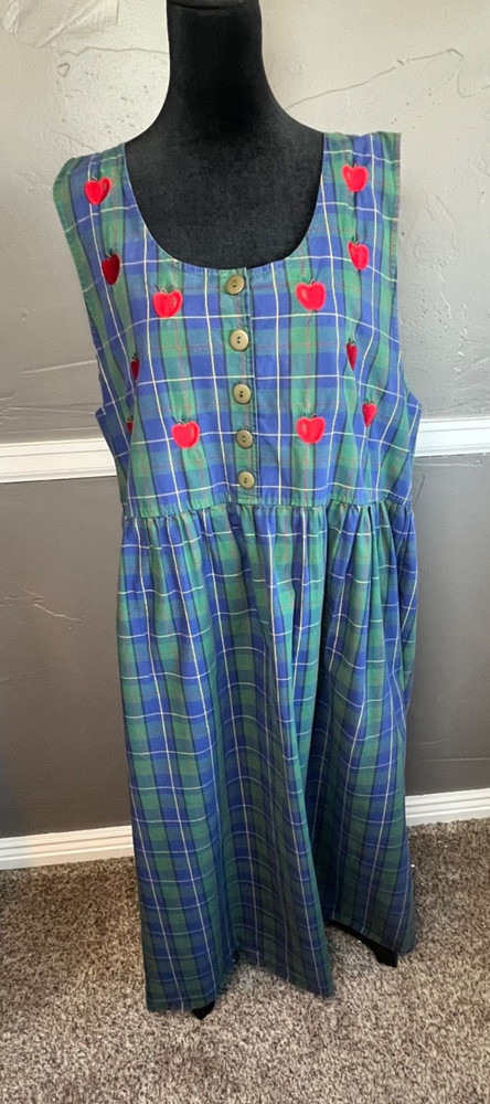 Vintage Bechamel Midi Dress Women Size L Jumper Embroidered Apples Plaid Modest