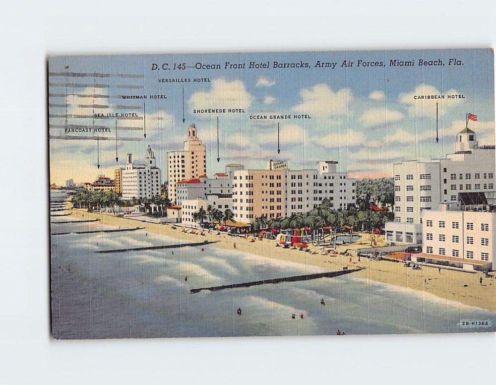 Postcard Ocean Front Hotel Barracks Army Air Forces Miami Beach Florida USA