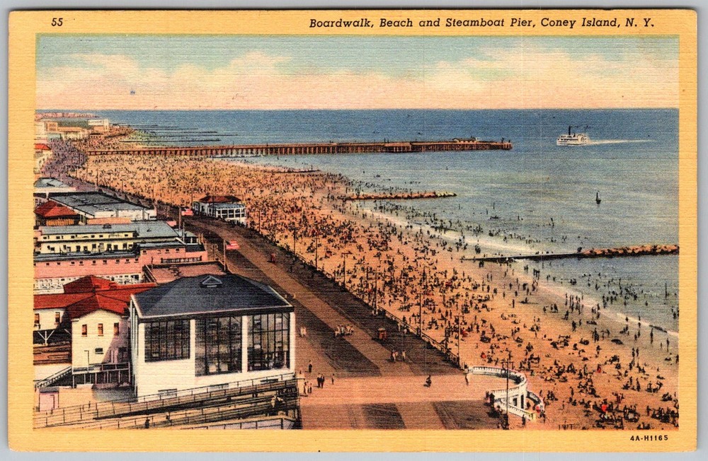 Vtg Linen Postcard Boardwalk Steamboat Pier Coney Island, NY 1950s