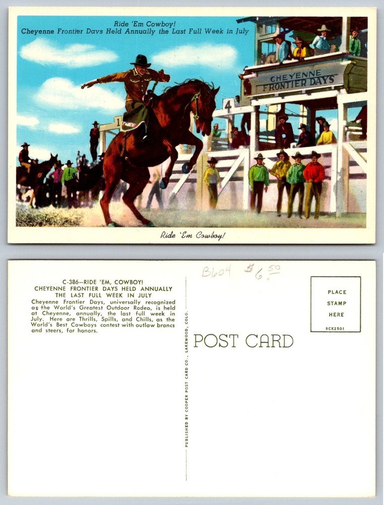 Vintage Cheyenne Frontier Days Rodeo Postcard - Cowboy Bronc Riding Wyoming