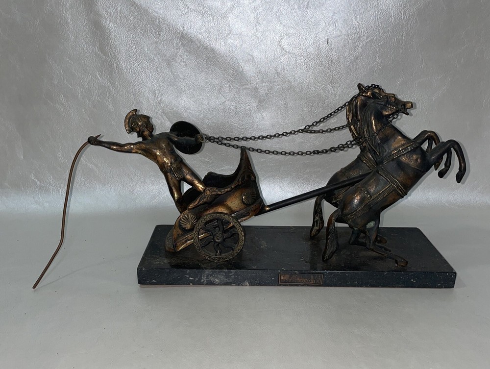 Achilles Chariot Horses Bronze Statue on Marble Base Handmade in Greece BM Vintage 15x6-image