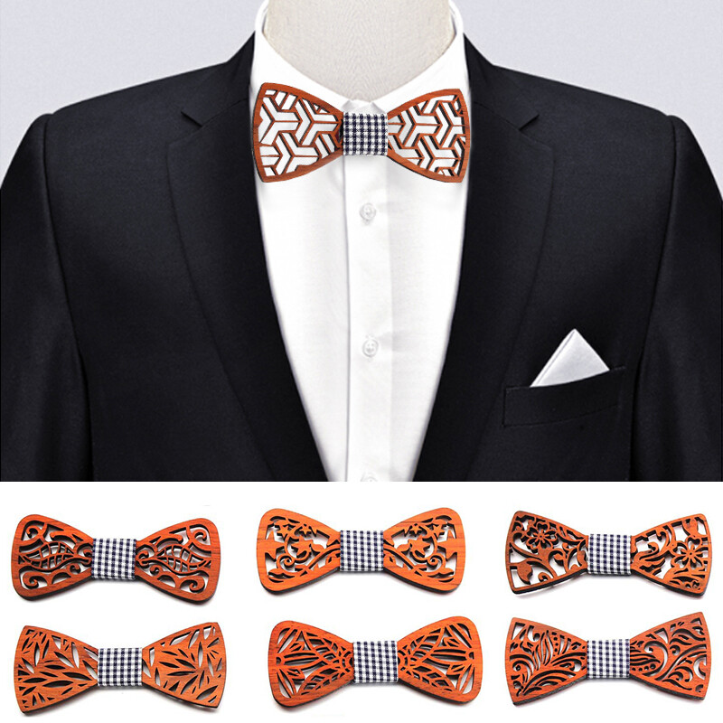 Wooden Bow Tie Men Unisex Hollow Out Carved Retro Neck Ties Adjustable Strap