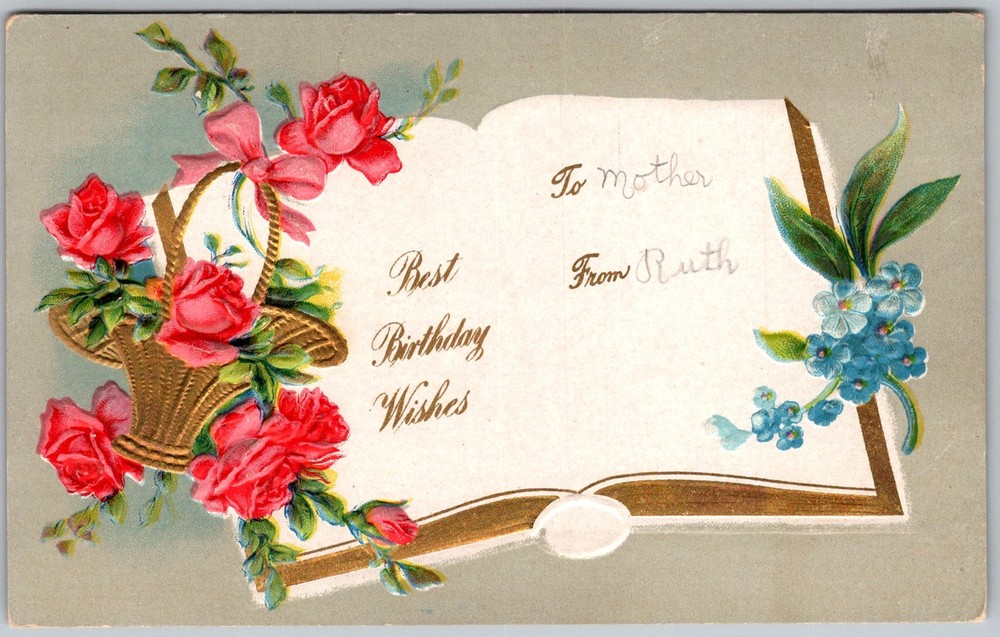 Antique Postcard Embossed Birthday Roses Basket 1910s