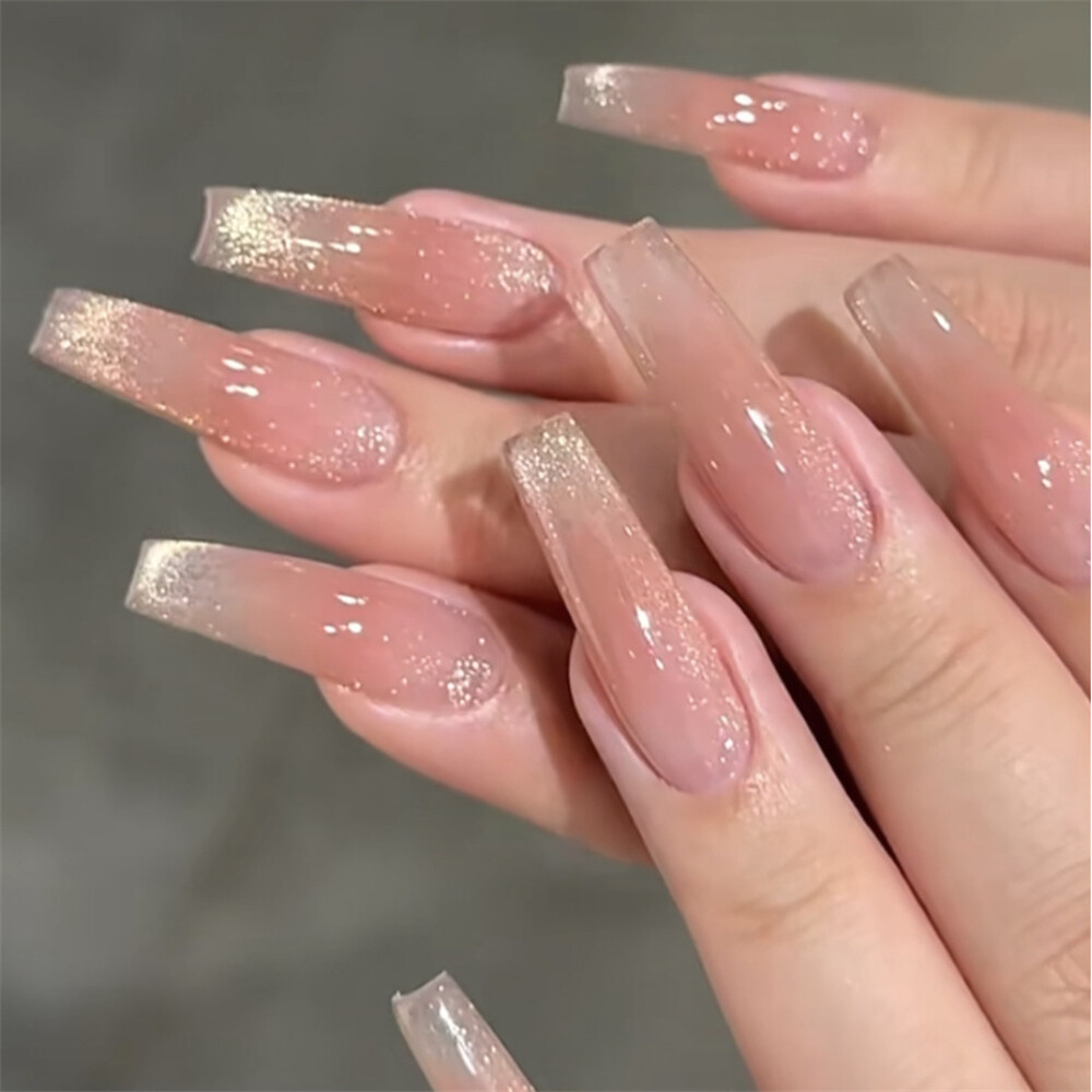 French Cat Eye Blush Press On Nails Long Coffin 24pcs Nail Art