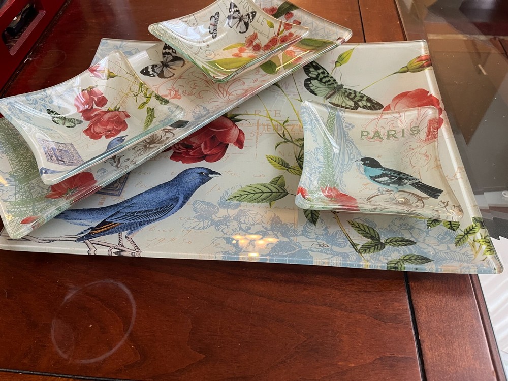 5-Piece Glass Serving Set Butterfly bird pattern NEW Gift Quality