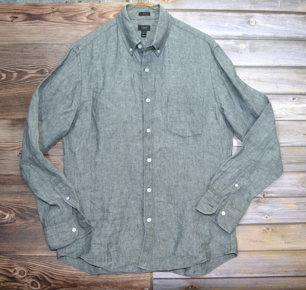 J.Crew Irish linen Shirt Mens M Gray Baird McNutt Button Down Long Sleeve Casual