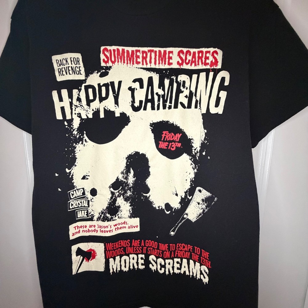 Friday the 13th Jason Voorhees Happy Camping Black Graphic T-Shirt Mens Medium