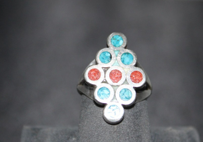 Turquoise And Coral Inlay Sterling Silver Ring Size 5.5
