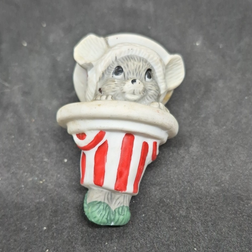 Ceramic Painted 3D Mouse Figurine, Red & White Striped Hat, Green Base
