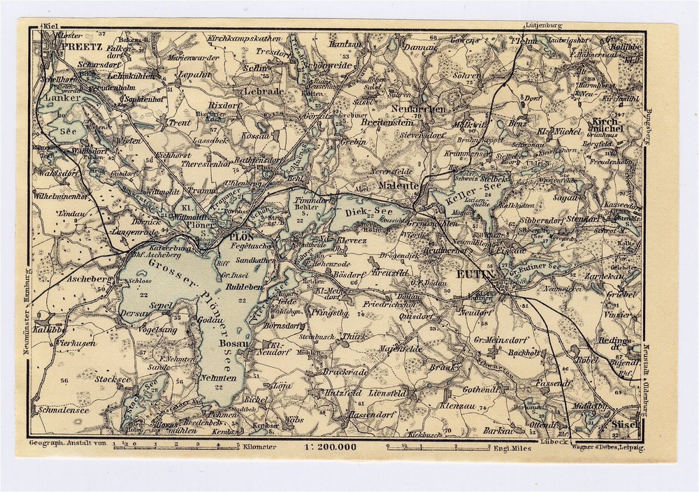 1910 Original Antique Map Of Vicinity Of Ploen Eutin Schleswig-Holstein Germany