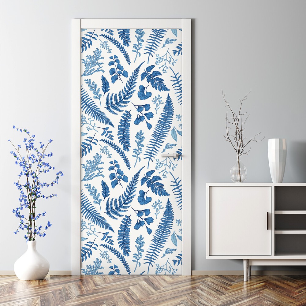 Blue fern leaves Bubble Free blue Door Decal Reusable self adhesive wallpaper