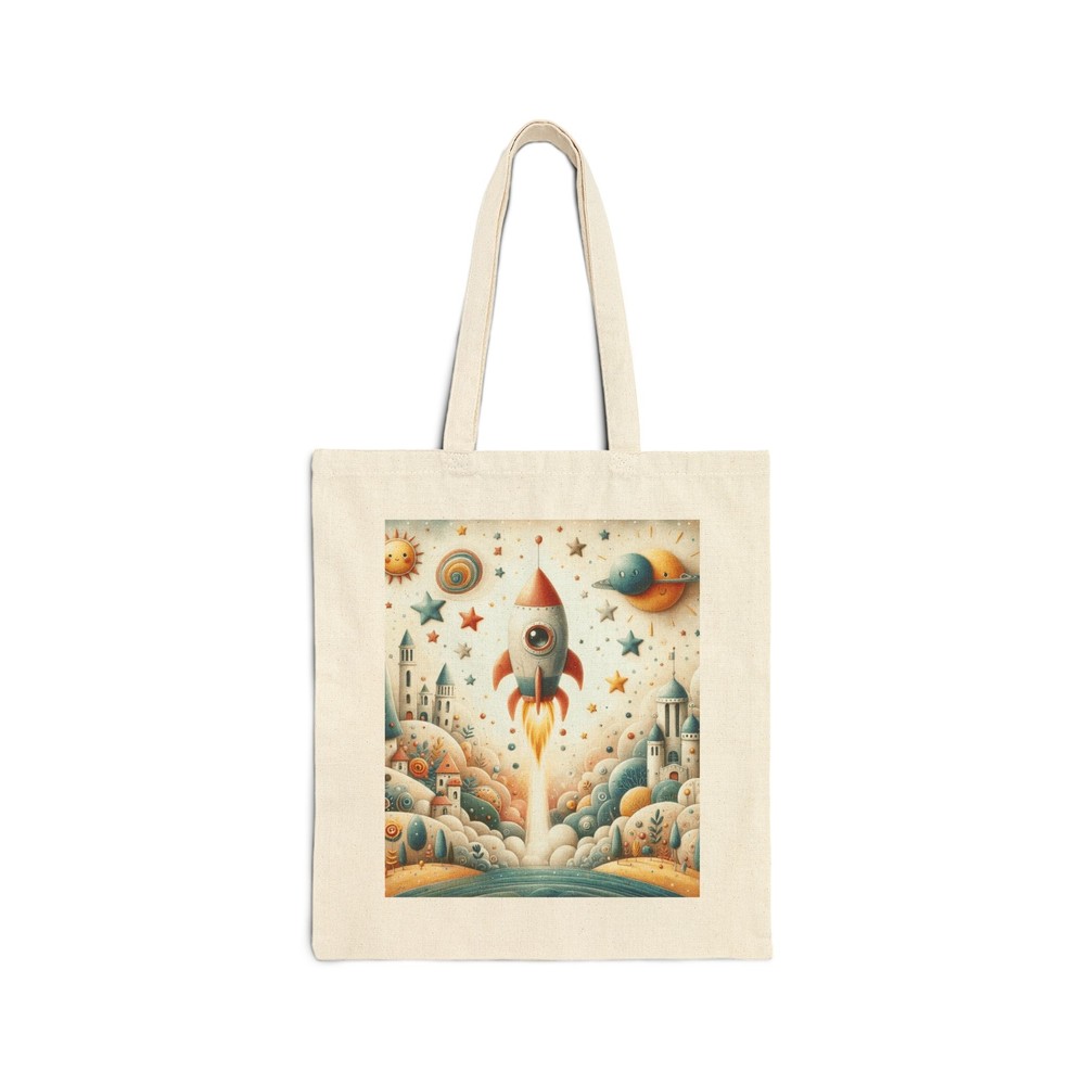 Cotton Canvas Tote Bag with Playful Rocketship Outer Space Design for Kids Gift