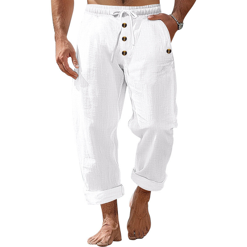 New Beach Pants Men's Solid Color Cotton Linen Drawstring Button Casual Trousers