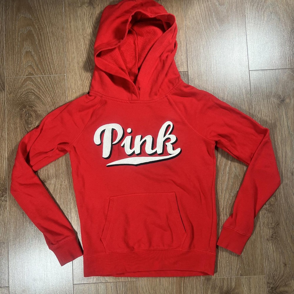 💥 Victoria's Secret PINK Script Logo Hoodie Red Fleece Lined Pullover Women's S