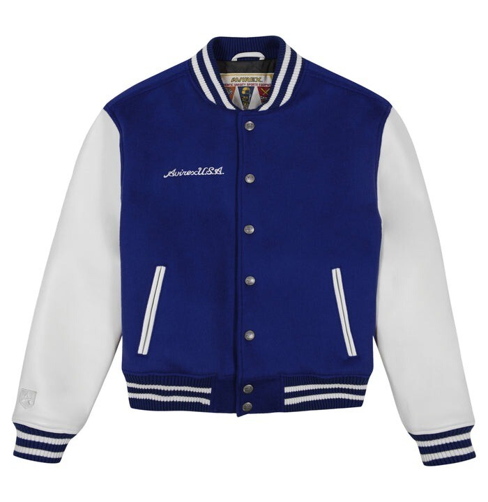 Avirex Mens Mazarine Blue Wool Varsity Biker Jacket in Real Cowhide Leather